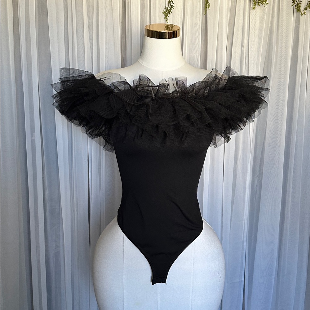 Free People Black Ruffled Off-Shoulder Tulle Bodysuit